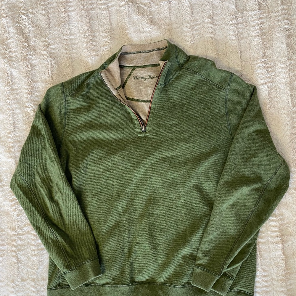 Tommy Bahama Olive Zip-Up Reversible Vintage Sweater